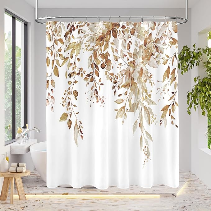 Extra Long Eucalyptus Shower Curtain 72 x 96 Inch, Brown Botanical Floor to Ceiling X-Long Shower Curtain, Watercolor Plant Leaves with Floral Decorative Bathroom Curtain with Hooks