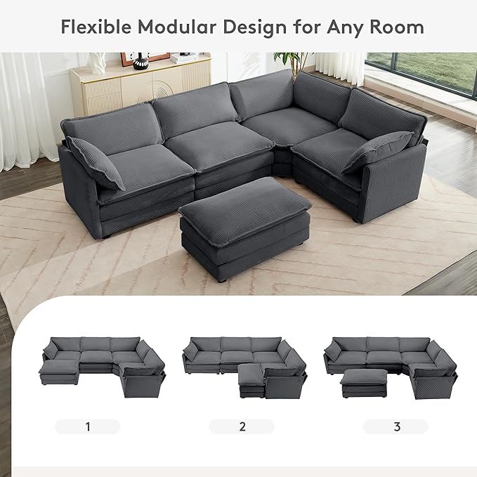ROWHY 113'' Modular Sectional Cloud Corner Couch, 5 Seater L Shape Sofa Big Comfy Corduroy Oversized Couch with 2 Pillows Movable Ottoman, Deep Seat Sectional Couches for Living Room Office Dark Grey