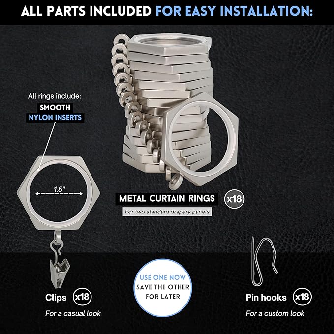 BlastHome® Luxury Curtain Rings - Premium Metal with Quiet, Smooth Nylon Inserts - Pinhooks and Clips Included - 1 1/2" Inside Diameter - 18 Pack for Two Curtain - Brushed Nickel