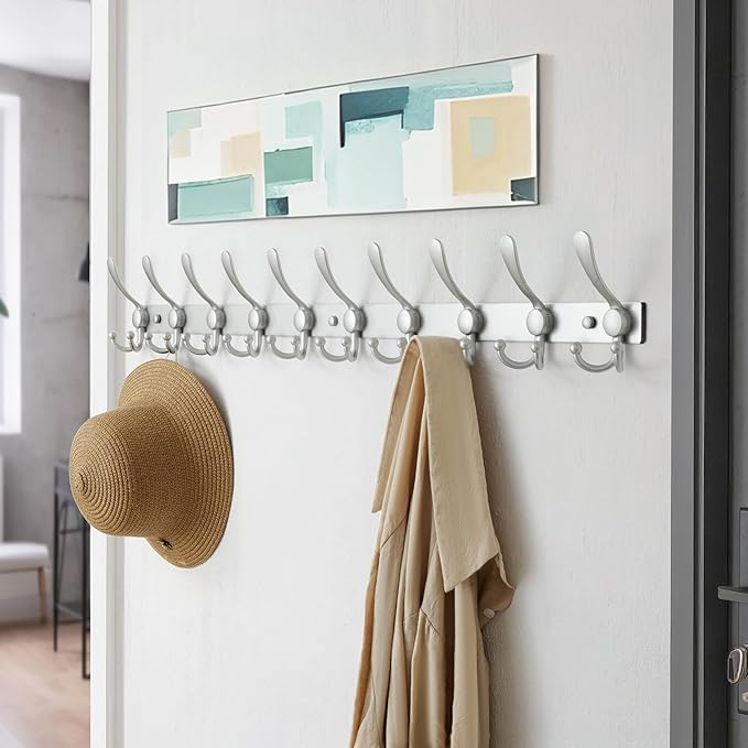 Dseap MaxStrong 2.0 Coat Rack Wall - 37” Long 10 Tri Hooks - Ultra Heavy-Duty Stainless Steel Wall Mount Coat Hanger, Hook Rail for Clothes Hats Jacket Towels Silver, Pack of 2