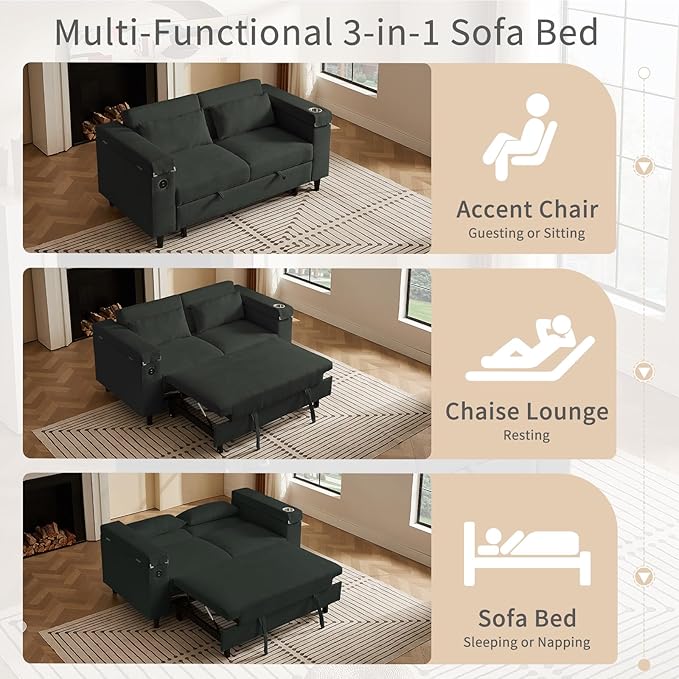 66" Multi-Functional Pull-Out Sofa Bed with Hidden Side Table, Storage Armrests, Built-in Charging Port, Spring Mattress, Solid Wood Frame – Ideal for Small Spaces, Easy Assembly