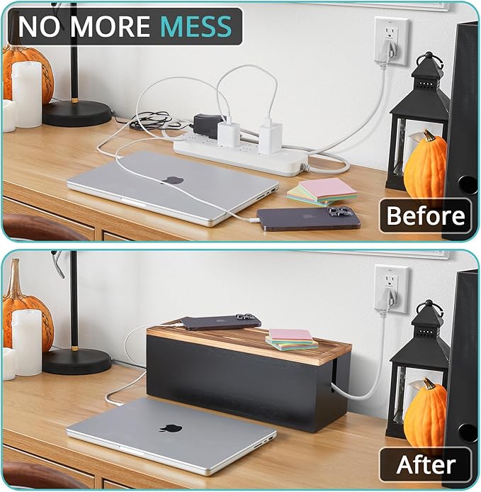 Bivvclaz Large Cable Management Box, Wooden Cord Organizer Box for Desk, Floor, Office to Hide Extension Cords Power Stripes Surge Protectors Chargers Wires, Black