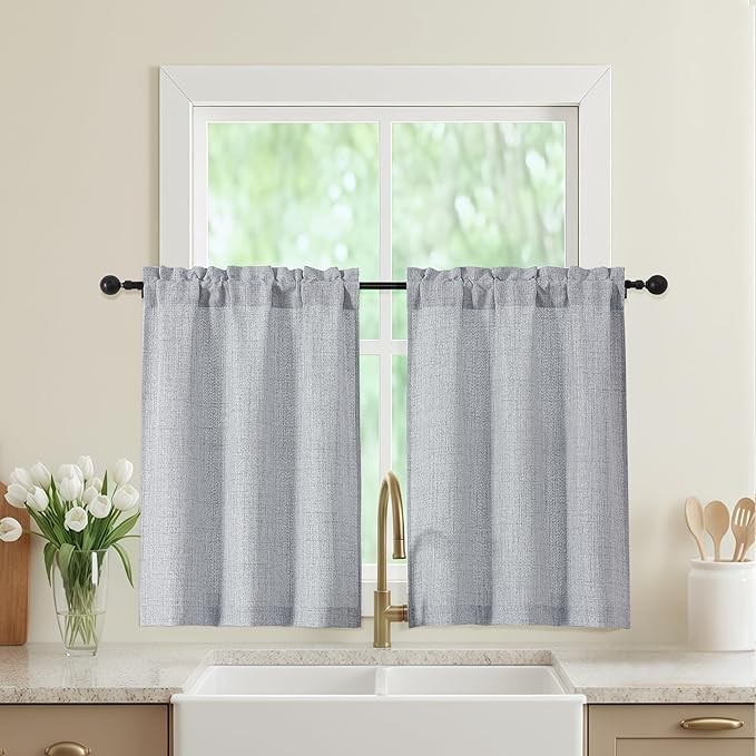 Grey Kitchen Curtains 36 Inch Length 2 Panels, Light Filtering Farmhouse Faux Linen Textured Short Curtains for Windows, Small Curtain Tier for Cafe Cabinet Bathroom RV Camper, 30Wx36L Inch