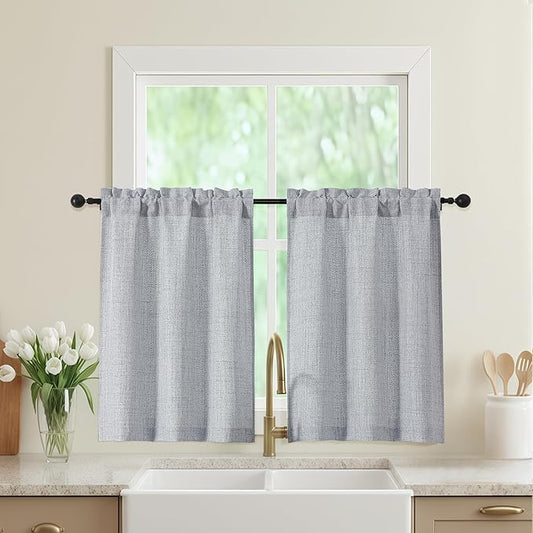 Grey Kitchen Curtains 36 Inch Length 2 Panels, Light Filtering Farmhouse Faux Linen Textured Short Curtains for Windows, Small Curtain Tier for Cafe Cabinet Bathroom RV Camper, 30Wx36L Inch