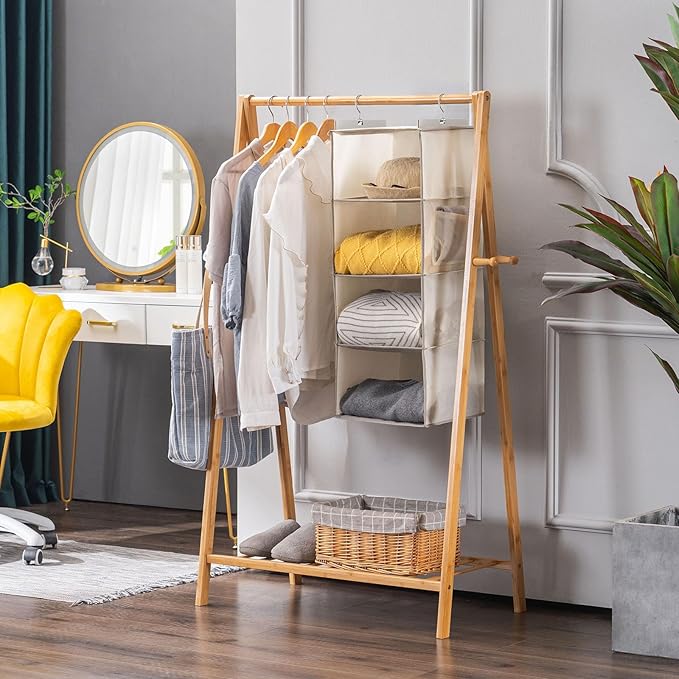 YOUDENOVA Hanging Closet Organizer, 4-Shelf Closet Hanging Storage Shelves, Beige