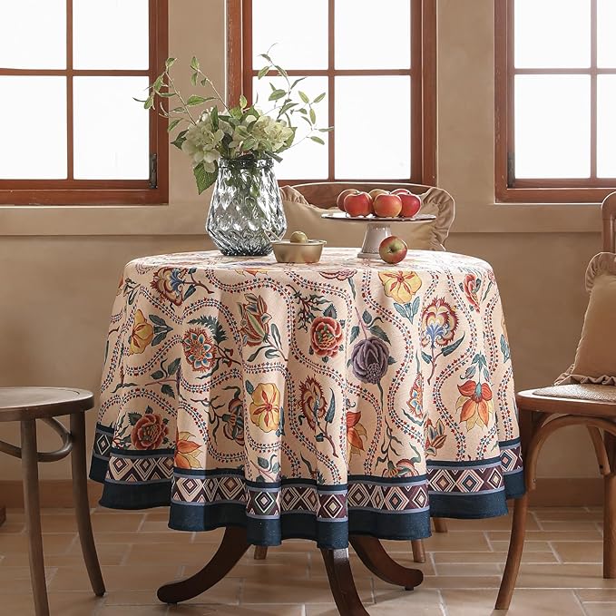 Vintage French Round Tablecloth,Linen Extra Long Tablecloth with Rose and Cornflower Pattern,Decorative Table Cover for Kitchen,Dining,Thanksgiving,Christmas,Party,Diameter 67"-Lanae