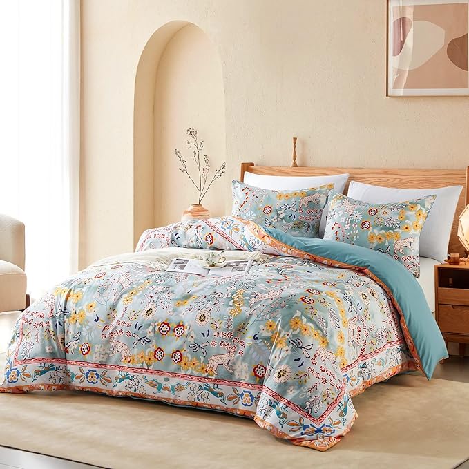 Cupocupa Duvet Cover Queen Size Set Boho Floral Pattern Queen Christmas Duvet Cover Set for Queen Size Bed Vintage Soft Bedding Leaf Print Duvet Cover with Pillowcases