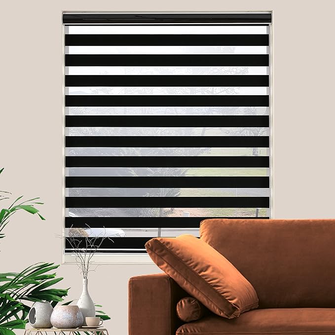 Blackout Zebra Blinds, Dual Layer Free-Stop, Room Darkening Zebra Shades, Blinds for Indoor Windows, Light Filtering Privacy Sheer Shade for Home(28" W X 72" H, Black)