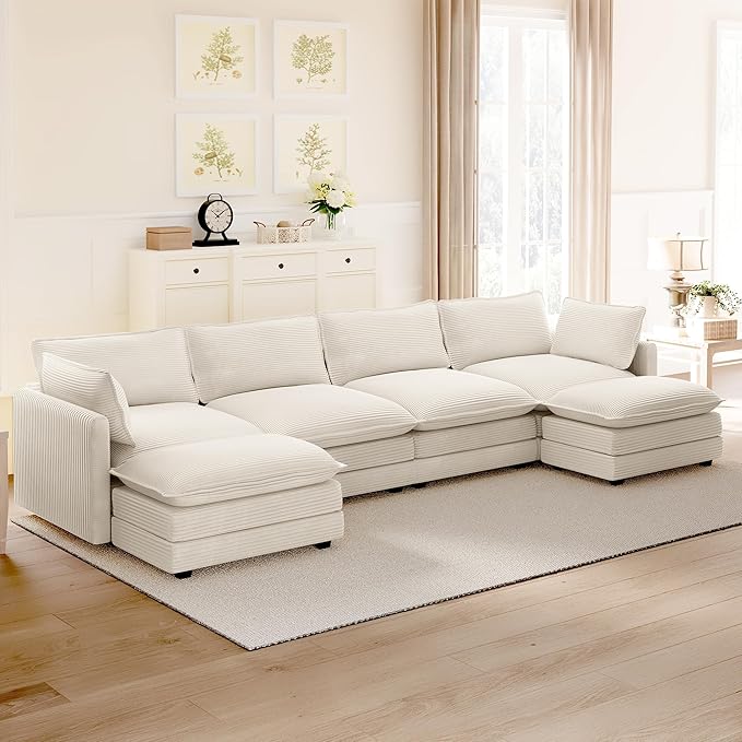 ROWHY 148'' Sectional Cloud Couch with 2 Ottomans, Oversized 4 Seat Sleeper Sofa with 2 Throw Pillows, Convertible Upholstered U Shaped Cozy Sofa Furniture Set for Living Room and Office, Beige