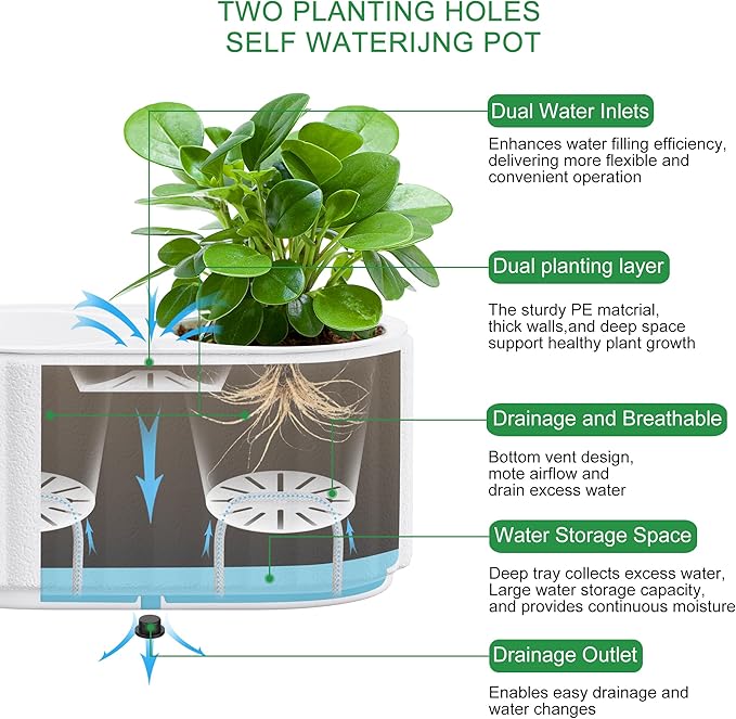 HOSUN 4 inch Two Planting Holes Self Watering Pots for Indoor Plants, Flower Plant Pots with Drainage Holes and Clear Reservoirs, Plastic Planters with Wicking Rope, White