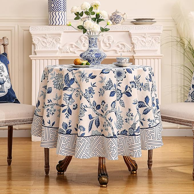 Vintage French Linen Round Tablecloth,Blue and White Floral Wrinkle Free Tablecloths,Decorative Table Cover for Kitchen,Dining,Tea Party,Thanksgiving,Christmas,Diameter 67"-Suqing
