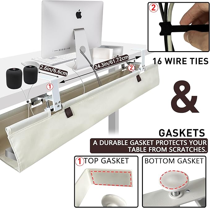 [Upgraded] Under Desk Cable Management, 36" Cord Organizer, with Silicone Pads (No Scratch!), 16 Cable Ties, Washable PE Honeycomb Base,Fits Any Desk 0-2.1", No Stinky Cardboard! Beige