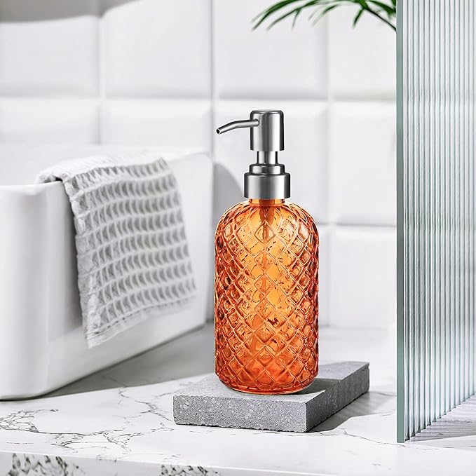 14 Oz Refillable Glass Soap Dispenser with Rust Proof Stainless Steel Pump, for Dispense Hand soap, Body wash, Lotion 2pack (Orange)