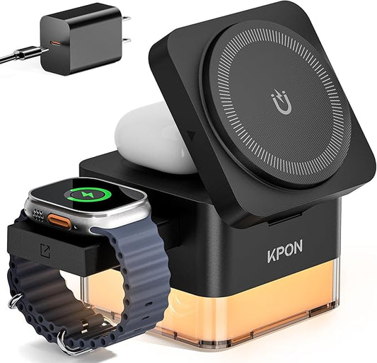 KPON for iPhone Nightstand Charging Station,15W 3 in 1 Wireless Phone Charger Stand with Night Lamp, Travel Foldable Magnetic Cube Magsafe Dock for iPhone 17 16 15 14 13 12 Series/Apple Watch/Airpods