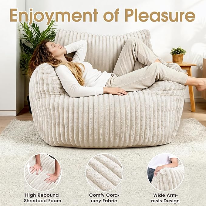 Giant Bean Bag Chair, Oversized Plush Comfy Bean Bag Sofa for Adults and Kids with Armrests, Memory Foam Mini Couch Single Lounges for Living Room, Bedroom & Game Room(Beige)