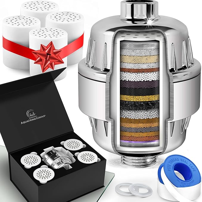 AquaHomeGroup Shower Head Filter for Hard Water – 20-Stage + 5 Replacement Cartridges – Removes Chlorine, Fluoride, and Other Chemicals – Vitamin C, E & A Shower Filter for Glowing Skin & Hair
