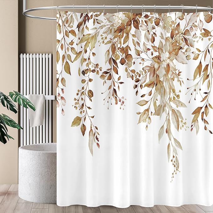 Extra Long Eucalyptus Shower Curtain 72 x 96 Inch, Brown Botanical Floor to Ceiling X-Long Shower Curtain, Watercolor Plant Leaves with Floral Decorative Bathroom Curtain with Hooks