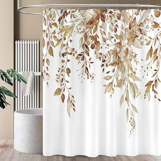 Extra Long Eucalyptus Shower Curtain 72 x 96 Inch, Brown Botanical Floor to Ceiling X-Long Shower Curtain, Watercolor Plant Leaves with Floral Decorative Bathroom Curtain with Hooks