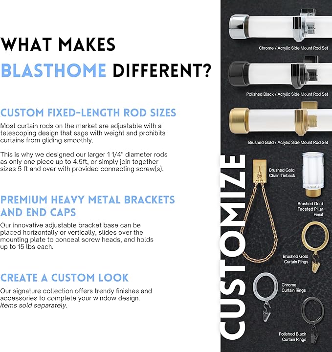 BlastHome® Luxury Curtain Rings - Premium Metal with Quiet, Smooth Nylon Inserts - Pinhooks and Clips Included - 1 1/2" Inside Diameter - 9 Rings for One Standard Curtain - Clear Acrylic