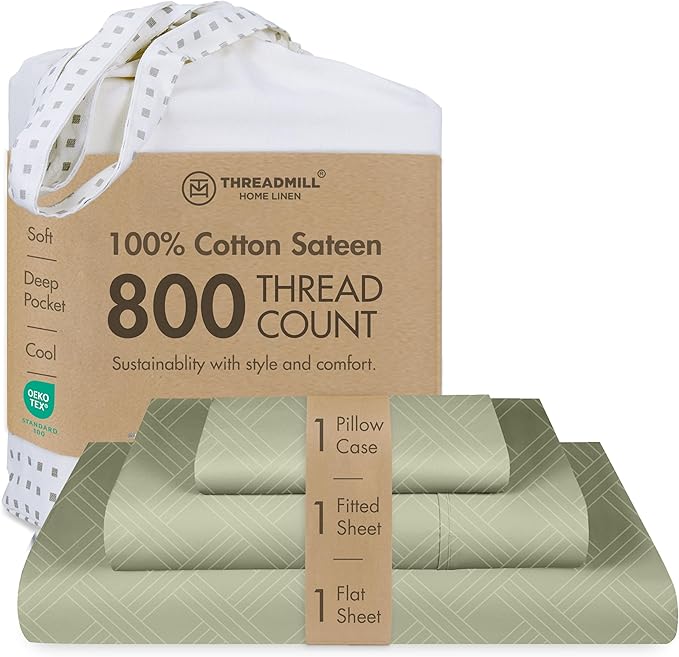 Threadmill Twin Sheets for Twin Mattress | 800 Thread Count Jacquard Celine Sage Green Sheets | 100% Cotton 3 Piece Bed Sheets | Extra Long Staple Cotton | Cotton Sheet with Elasticized Deep Pocket
