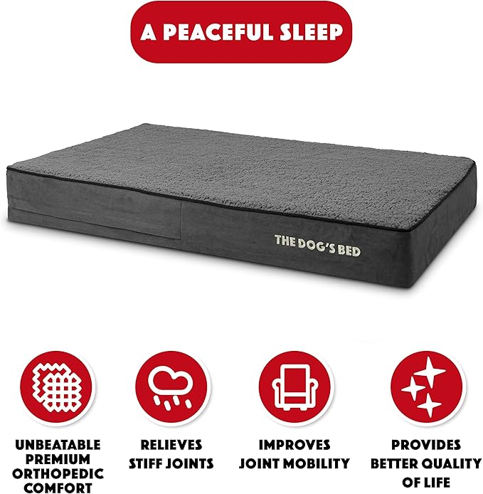 The Dog’s Bed Orthopedic Memory Foam Dog Bed, XL Grey Plush, Pain Relief for Arthritis, Hip & Elbow Dysplasia, Post Surgery, Lameness, Supportive, Calming, Waterproof Washable Cover