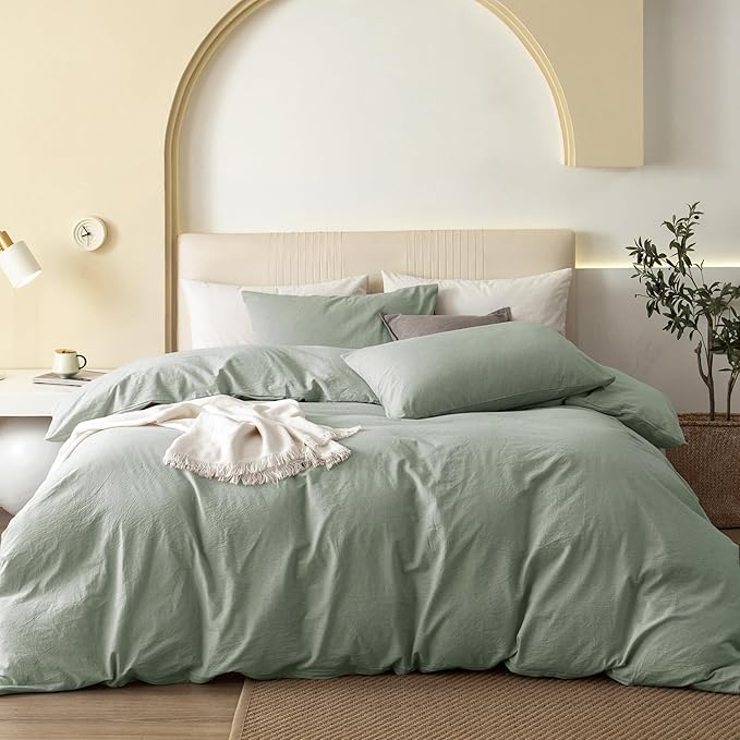 JIYUAN 100% Washed Cotton Duvet Cover Set 2 Pieces Twin, 1 Duvet Cover 68x90 Inches(Comforter Not Included) and 1 Pillowcases,Linen Feel Bedding Set Comfy and Breathable, Heathered Sage Green