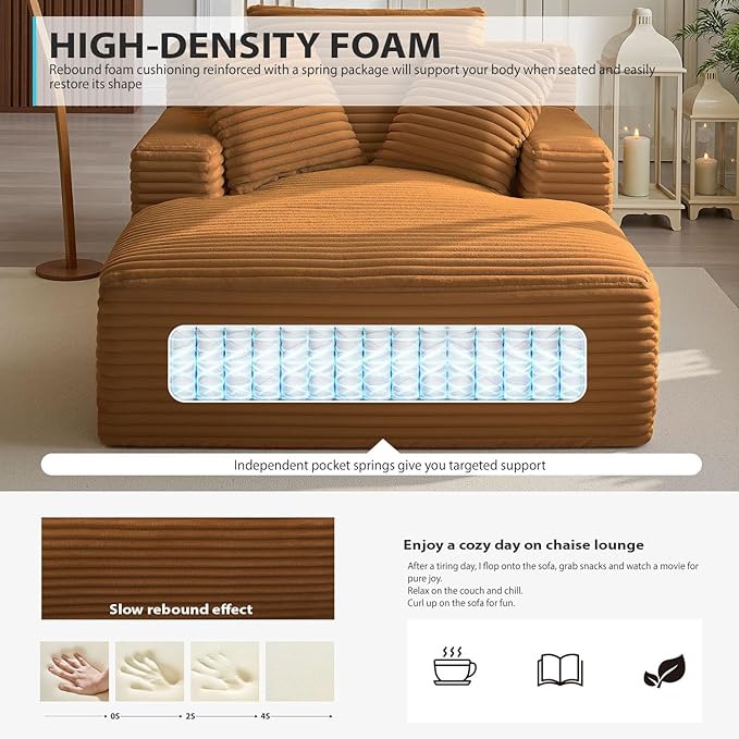 50 Inches Chaise Lounge Indoor, Oversized Chaise Lounge Chair with 3 Throw Pillows and Armrests, Corduroy Upholstered Plush Sofa Bed Lazy Chair Bed Sleeper Chair for Living Room Apartment (Orange)