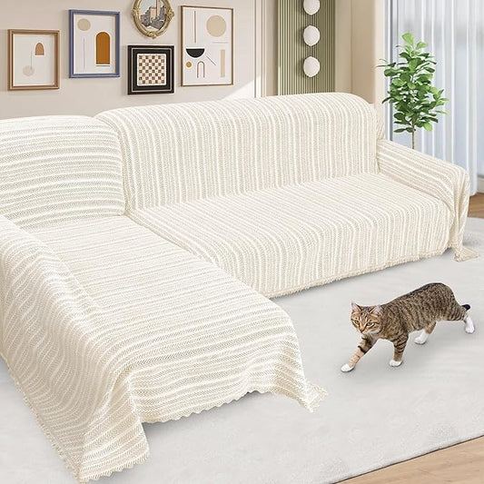 ALIECOM Boho Couch Covers for Sectional Sofa 2 Piece Thick Chenille L Shape Sectional Sofa Cover for Dogs Couch Cover Blanket Sofa Slipcovers Pet Furniture Protector Washable (XX-Large, Lines Khaki)