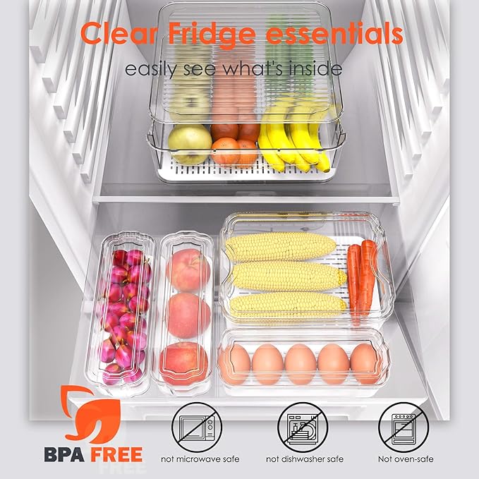 Fridge Organizers and Storage, 8 Pack Clear Freezer Organizer Bins with Lids for Kitchen, Pantry, Refrigerator, Food, Fruit, Vegetable Storage (8 Bins Include A Pull-out Drawer)