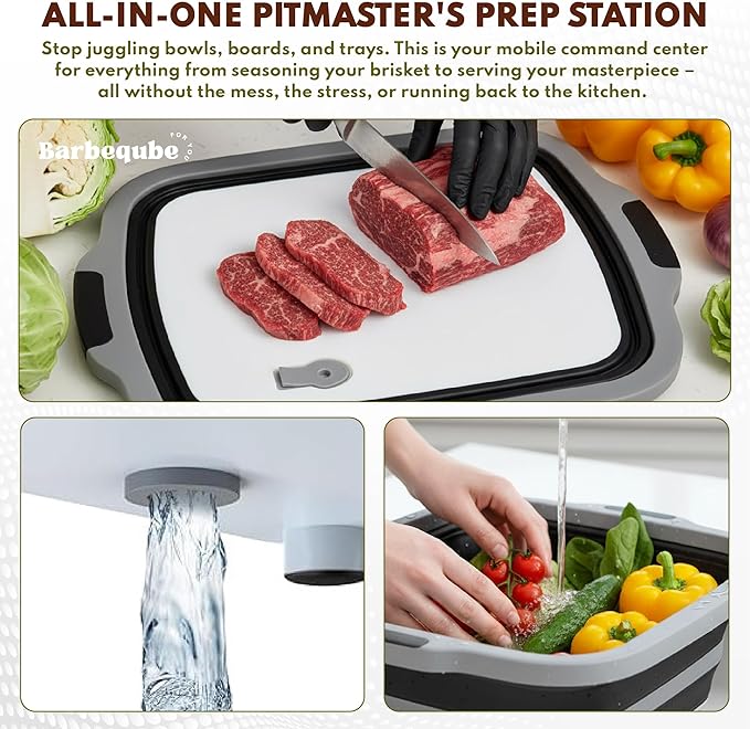 Collapsible BBQ Prep Tub XL with Locking Lid & Cutting Board - Pro-Grade Silicone Grill Station for Brisket, Ribs, Meal Prep - Space-Saving Portable Container for Camping, Tailgating & Outdoor Cooking