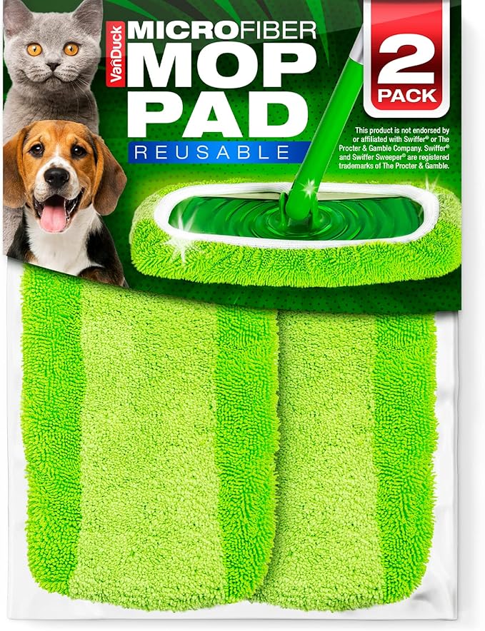 VanDuck Reusable Mop Pads Compatible with Swiffer Sweeper (2-Pack) - Washable Microfiber Mop Pads for Wet & Dry Use - All Purpose Floor Mopping and Cleaning Product