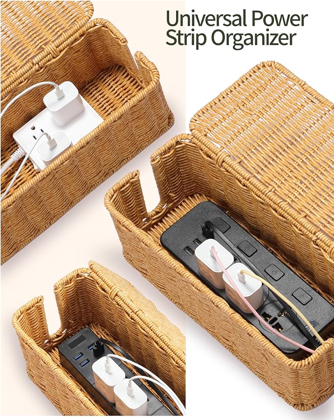 YECAYE Handwoven Rattan Style Cable Management Box, Decorative Storage Cord Organizer Box for Power Strips & Cords, Cord Hider for Home, Kids & Pet Safety, DIY-Friendly Cord Management
