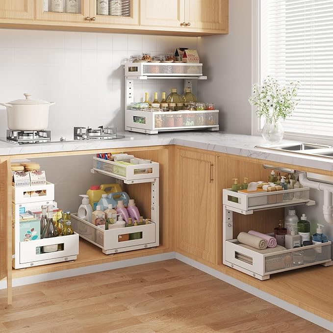 2-Pack Under Sink Storage Organizer, Large 2-Tier Elegant Mesh Pull Out Shelf for Kitchen and Bathroom Cabinet Organization, L-Shaped and Adjustable Height Design for Maximum Space Efficiency-White