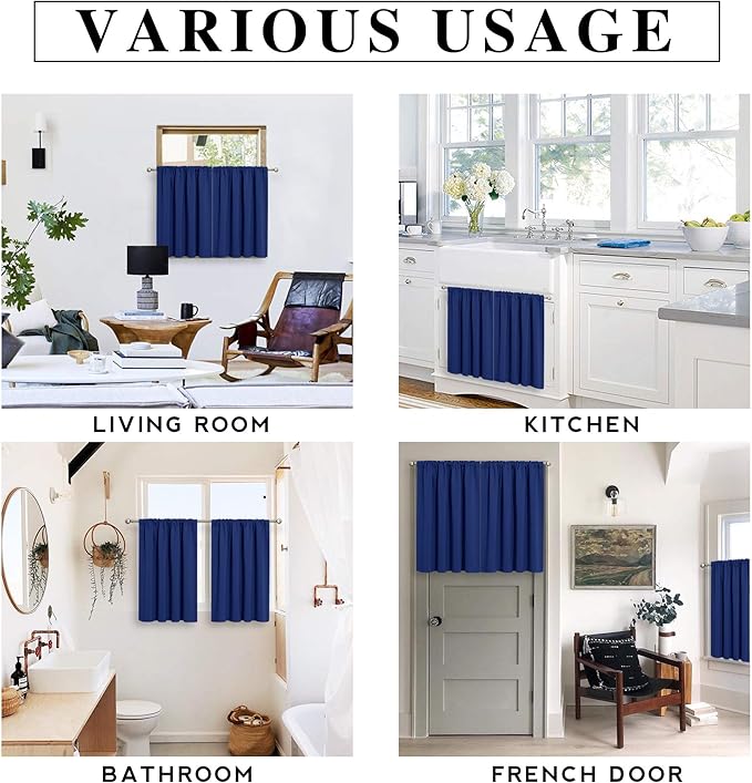 RYB HOME Short Curtains for Living Room Blackout Portable Blinds Shades for Bedroom Bathroom Basement Garage RV Camper Windows, 34 inches Width x 36 inches Length, Marine Blue, 2 Pcs