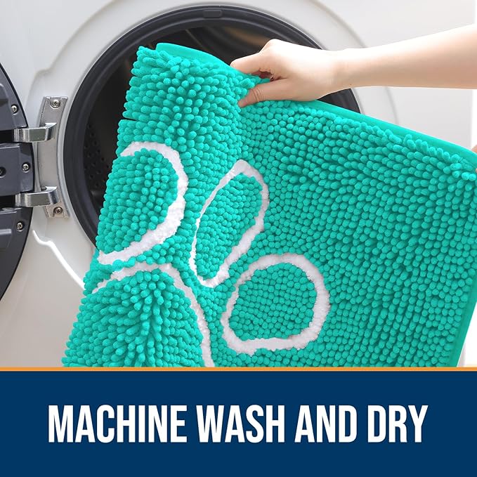 OLANLY Dog Door Mat for Muddy Paws 48x30, Paw Print Design, Absorbs Moisture and Dirt, Absorbent Non-Slip Washable Doormat, Quick Dry Chenille Mud Mat for Dogs, Entry Indoor Entryway Carpet, Teal