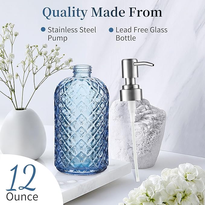 14 Oz Refillable Glass Soap Dispenser with Rust Proof Stainless Steel Pump, for Dispense Hand soap, Body wash, Lotion 2pack (Blue)