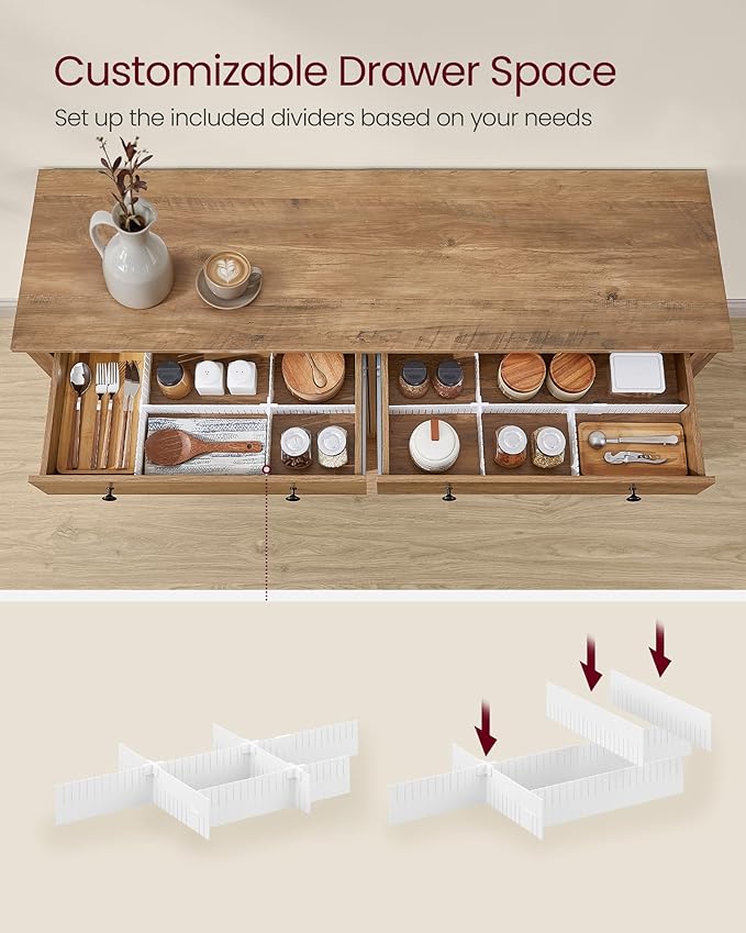 VASAGLE LIRY Collection - Buffet Cabinet, Coffee Bar Cabinet with 2 Drawers, Adjustable Shelves, Sideboard Storage with Cable Holes, Drawer Dividers, Honey Brown UBBK381K01