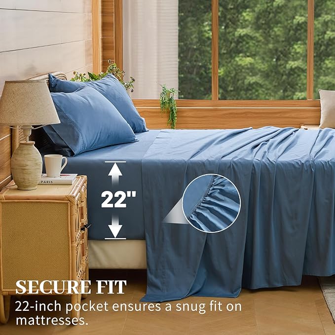 Bedlifes Deep Pocket Sheets 18-24 Inch, Queen Size Egyptian Cotton 1000 Thread Count, 4-Piece - Fits Extra Thick Mattresses, Cooling & Breathable (Dusty Blue)