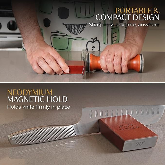 Rolling Knife Sharpener – Diamond & Ceramic Wheels, Manual Kitchen Blade Sharpener with 15° & 20° Angle Guide, Magnetic Blade Support, Ergonomic Beech Wood Handle for a Comfortable, Controlled Grip