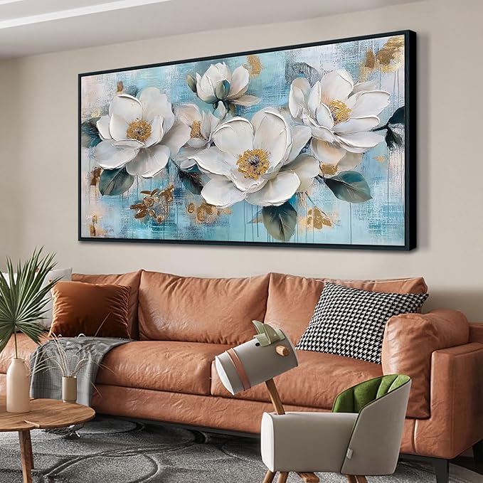 Ardemy White Floral Wall Art, Framed Teal Canvas Wall Art For Living Room Large Magnolia Pictures Wall Decor Flower Paintings Artwork for Walls Dining Room Bedroom Home Office 40"x20"
