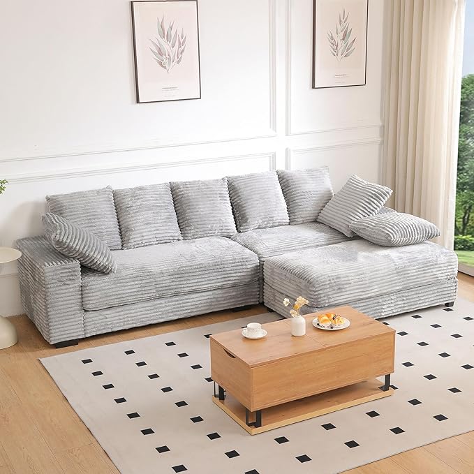 108" Oversized Sectional Sofa Modular Deep Seat Sofa Couch with Storage Ottoman, Upholstered Comfy Cloud Couches with 8 Pillows, Modern L-Shaped Corduroy Sofa Chaise for Living Room, Apartment, Gray