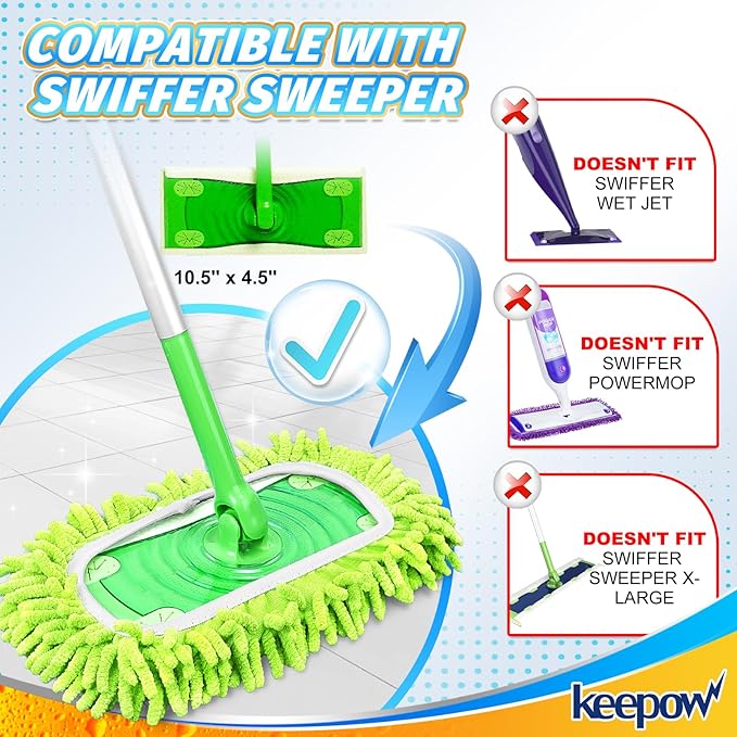 KEEPOW Reusable Microfiber Mop Pads Compatible with Swiffer Sweeper & Mop Deluxe 2-in-1, Wet & Dry Mopping Cloths for All Floors, Compatible with Swiffer Dry Sweeping Cloths for Cleaning (6 Pack)