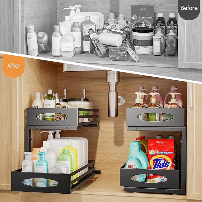 Under Sink Organizer, 2 Tier Under Sink Organizers and Storage, Adjustable Height, Slide Out Metal Cabinet Organizers, Pull Out Cabinet Storage Drawer Shelf for Kitchen Bathroom Black, 2 Pack