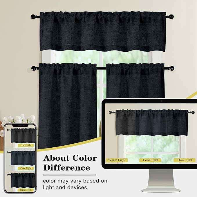 Black Kitchen Curtains 30 Inch Length 2 Panels, Light Filtering Farmhouse Linen Textured Small Short Curtains Over Sink, Half Curtain Tiers for Cabinet Bathroom Cafe Basement, 30Wx30L Inch