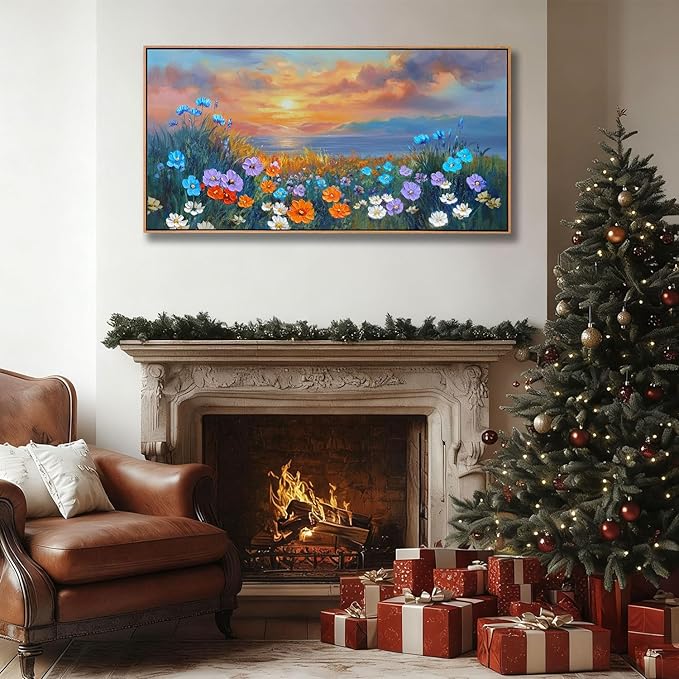 Ardemy Wildflower Wall Art for Living Room Large Framed Floral Canvas Pictures Bedroom Wall Decor Sunset Paintings Flower Textured Artwork for Walls Dining Room Home Office 58"x29"