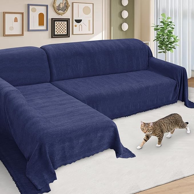 ALIECOM Sectional Couch Covers L Shape Sectional Sofa Cover for Dogs 2 Piece Thick Chenille L Shaped Couch Cover Blanket Chaise Sofa Slipcovers Pet Furniture Protector Washable (XX-Large, Navy Blue)
