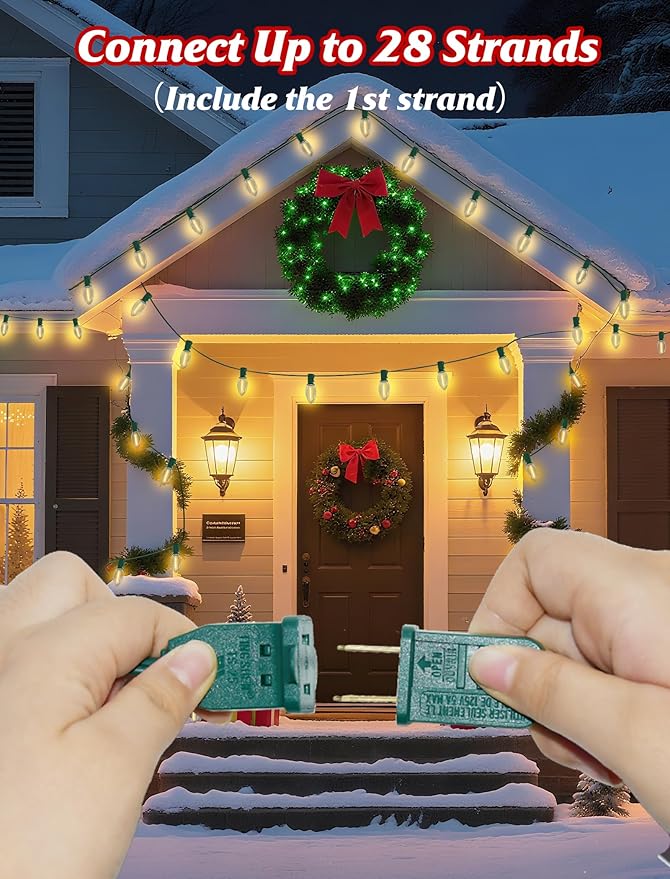 SUNSGNE C9 LED Christmas Lights Outdoor, Christmas Outdoor Lights with 27 LED Warm White Bulbs(2 Spare) for Xmas Holidays Roofline Patio Garden Party Wedding Decor