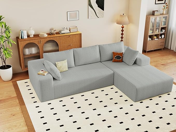 96" Modular Sectional Couch, Boneless L Shaped Cloud Sofa with Chaise Lounge, Corduroy Upholstered Couches Memory Foam Deep Seat, No Assembly Required, Ideal for Living Room(Light Gray, Right Facing)