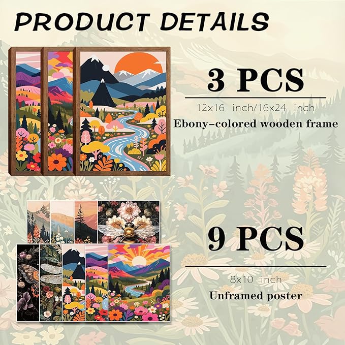 Nature Landscape Boho Wall Art Set of 3 24x16In Wood Framed,with 9 Bonus 8x10 Posters Prints, Abstract Ridge River Sunset Floral Canvas Paintings for Living Room Bedroom Office