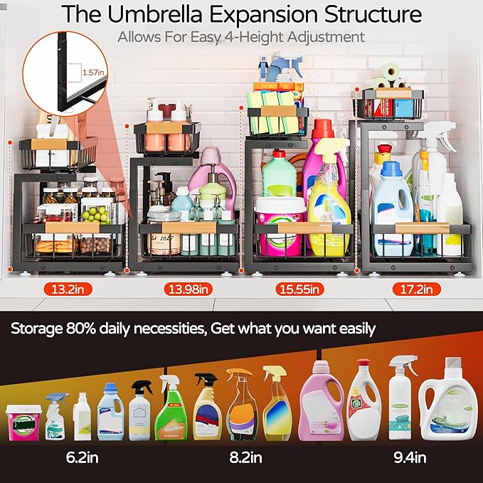 ADBIU Under Sink Organizer, 2 Pack 2 Tier Expandable Height (13.2" - 17.2") Pulling Out Kitchen Bathroom Cabinet Organizers